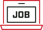 Hiring - Red-Black Small icon of laptop. Red outline with black screen and the word "JOB" on it.
