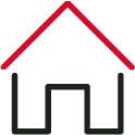 Housing - Red-Black Small icon of a house with a red roof and black frame.