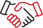 Partnership - Red-Black Small icon of two hands shaking. One is outlined red and the other is black.