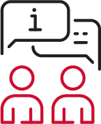 Teaching - Red-Black Small icon of two peopl talking with each other. The people have red outlines and the speech bubbles above them have black outlines.